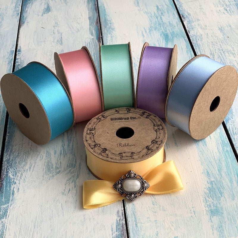 GiftWrap Etc. شريط زينة من قماش الساتان بألوان الباستيل - 1" × 10 ياردات، مجموعة من 6، 60 ياردة إجمالاً، وردي، أزرق فاتح، لافندر، تركواز، أصفر فاتح، زينة الربيع، إكليل، أربطة هدايا، ألوان باستيل، عيد الميلاد، عيد الفصح - Image 2